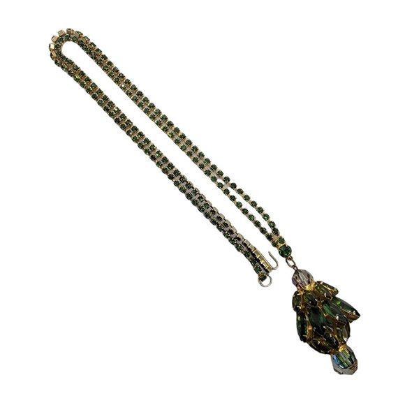 Gold Tone Green Rhinestone Chain Necklace With Rhinestone Pendant – 24” Long - Picture 4 of 6